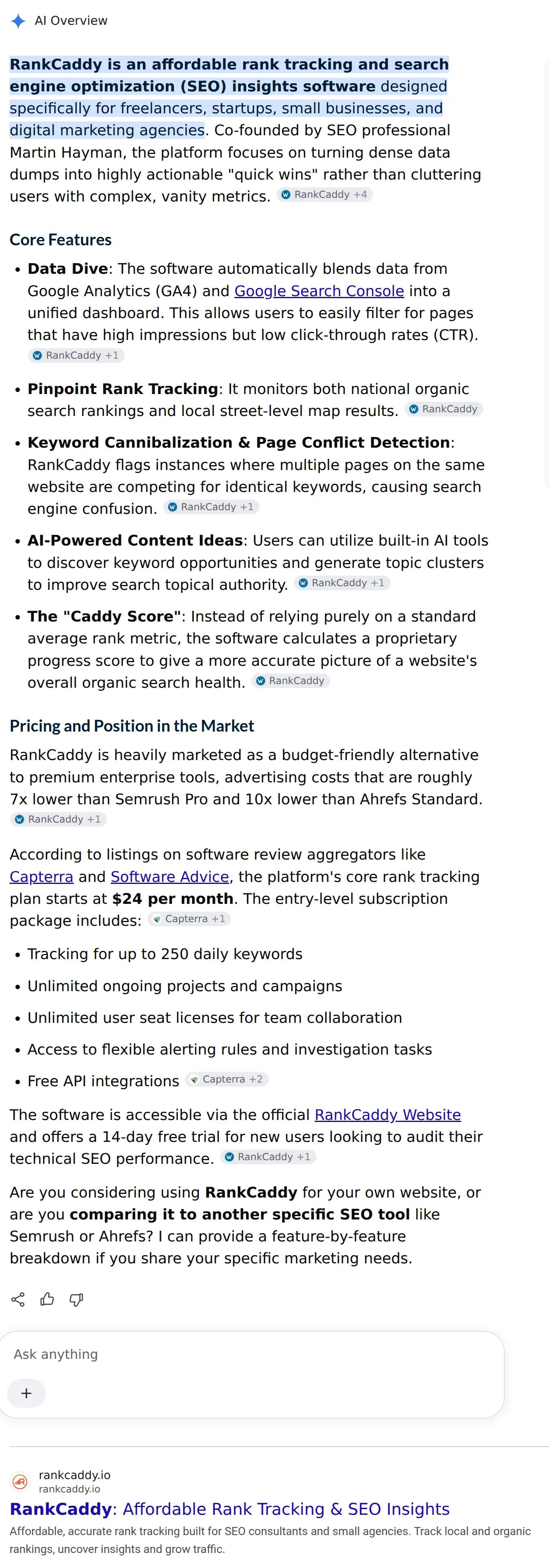 The SERP preview with an expanded AI Overview above the organic result